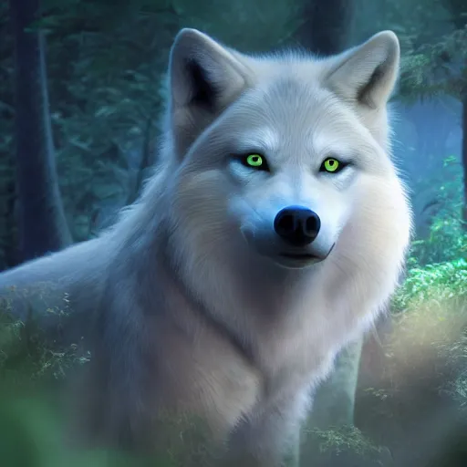 Image similar to medium shot young girl, blond hair green eyes, astride a gray wolf, in a dark forest, mysterious, backlit, perfact face, beautiful still from a pixar dreamworks movie, trending on artstation