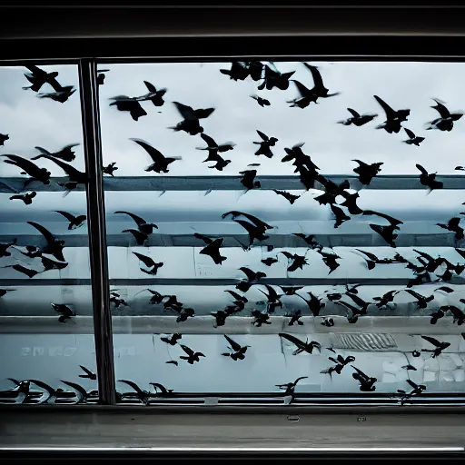 Image similar to storm of birds inside a train. trenitalia. genova. cinematic. rule if thirds. 4 k. film still.