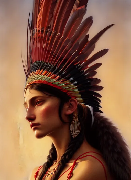 Image similar to gorgeous redskin woman wearing headdress, intricate, elegant, highly detailed, artstation, concept art, smooth, sharp focus, illustration, art by greg rutkowski and stefan kostic and bouguereau