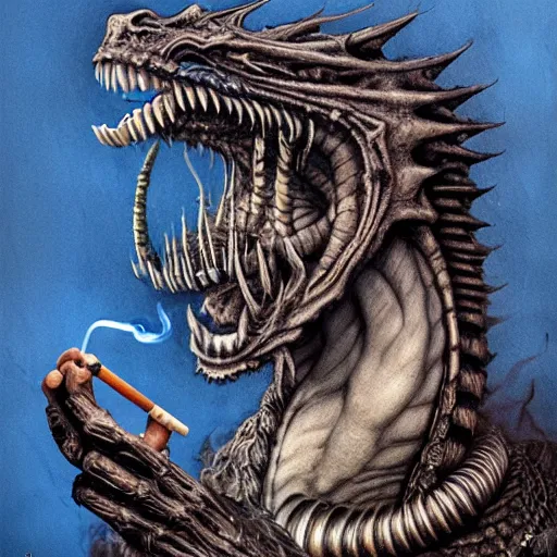 Prompt: A portrait of a blue dragon smoking a pipe, by HR Giger and Greg Rutkowski, highly detailed, portrait, sleek, 8k