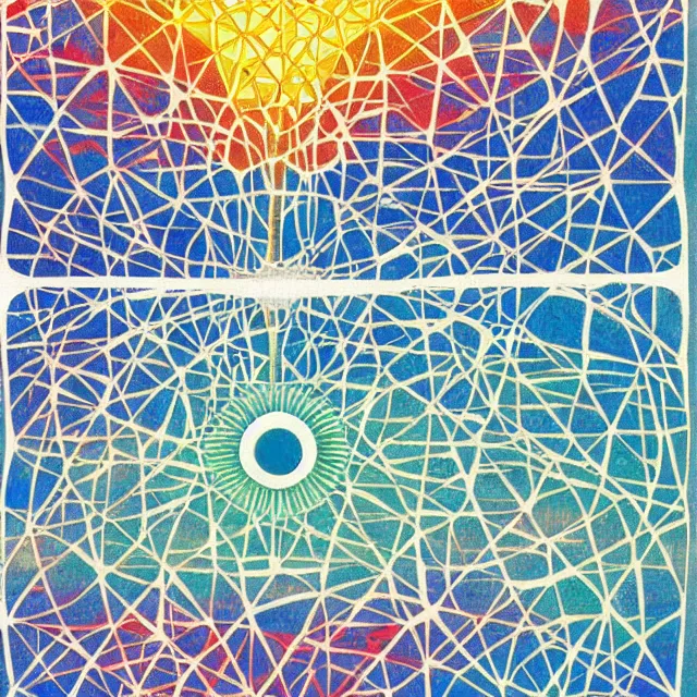 Image similar to the tree of life in a minimalist collage of geometric shapes, tetrachromacy, primary colors, in the style of ikko tanaka, japanese graphic design, 1 9 8 0, by ernst haeckel
