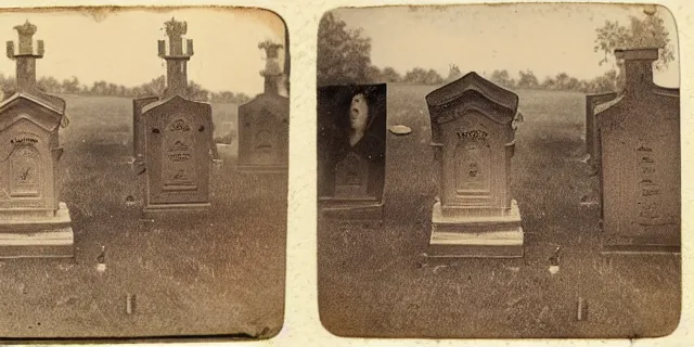 Image similar to an 1 8 0 0 s stereograph depicting a graveyard in stereoscopic 3 d. a faintly visible ghost is lurking.