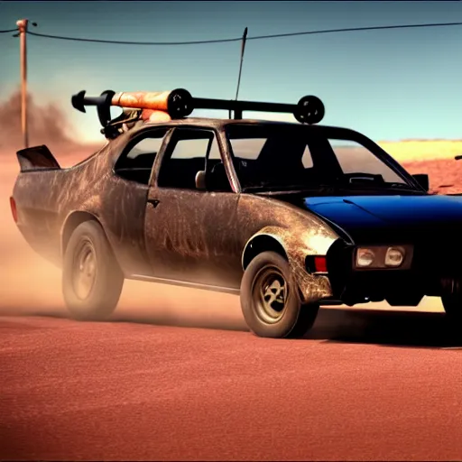 Image similar to velociraptor mongoliensis as a subaru impreza in mad max, photorealistic hdr 8 k