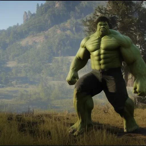 Prompt: Film still of The Hulk in Red Dead Redemption 2 (2018 video game)