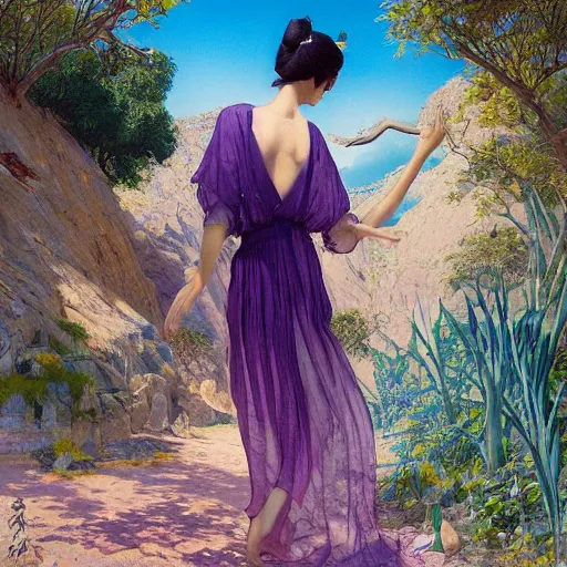 Image similar to beautiful oriental girl walks around Socotra among endemic plants and snags in a long transparent flowing dress and meets mystical animals, mystical insects, mystical birds, lizards, snakes, gorgeous, Atmosphere, hypnotic dimensions, mythology, Rococo, photorealism, in the style of Jin Kagetsu, James Jean and wlop, Valentin Serov style, Zdzislaw Beksinski style, hyperrealistic, sharp focus, intricate concept art, digital painting, ambient lighting, 4k, hdt, artstation trending on Gsociety, trending on ArtstationHQ, trending on deviantart, professionally post-processed, wide-angle action dynamic portraithyperdetailed, hyper quality, 16K