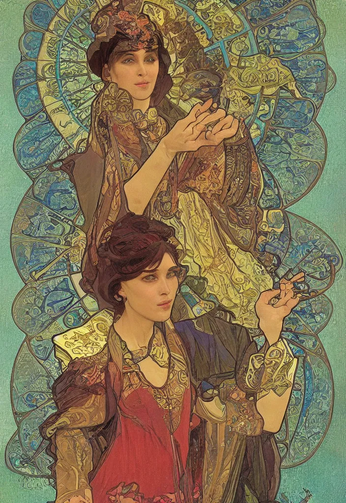 Image similar to Jurgen Schmidhuber on a tarot card, tarot in art style by Alphonse Mucha