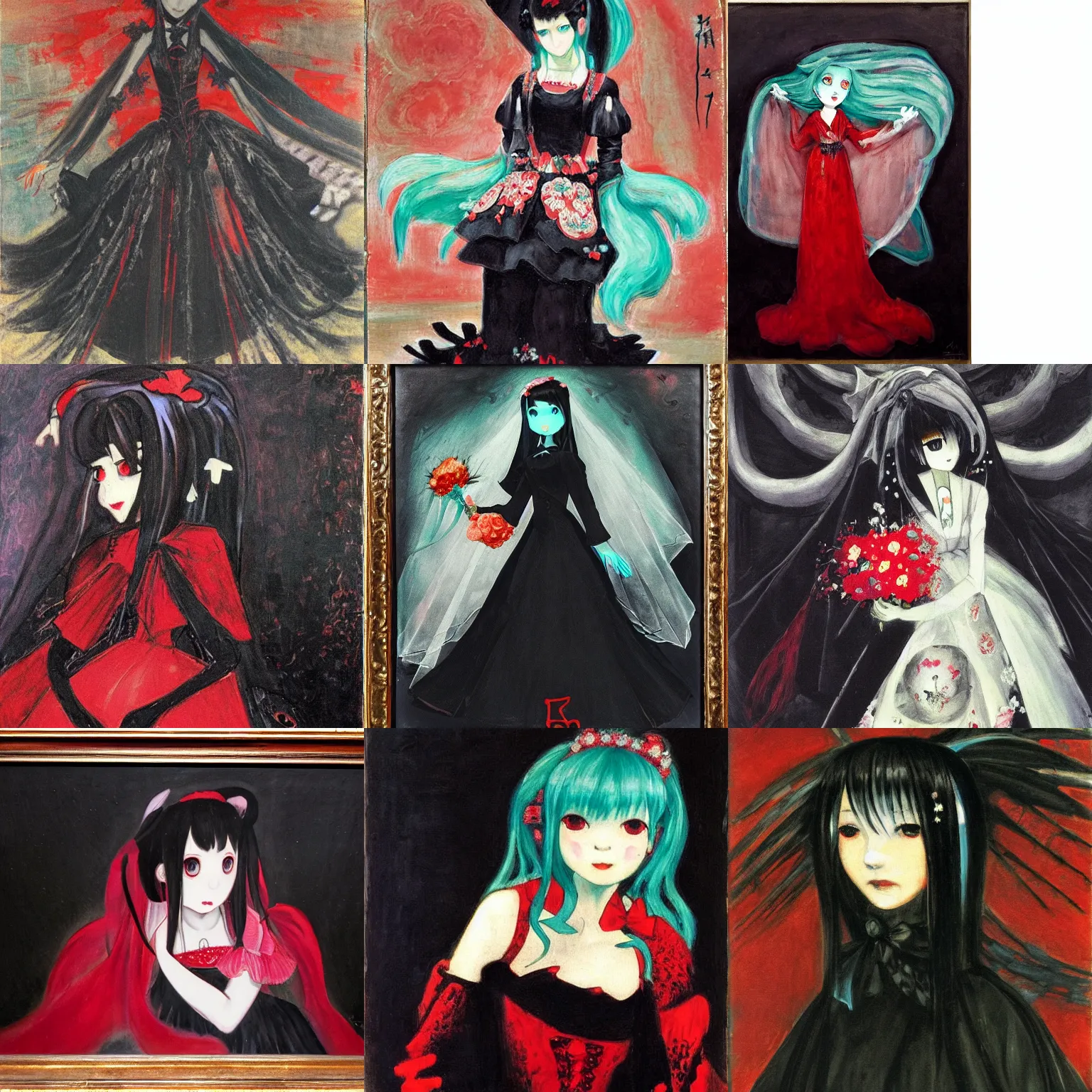 Prompt: A very soft and dark haunting oil painting of Hatsune Miku in a black ornate wedding dress, scarlet background, by Oskar Kokoschka, ethereal, evil presence, haunted painting