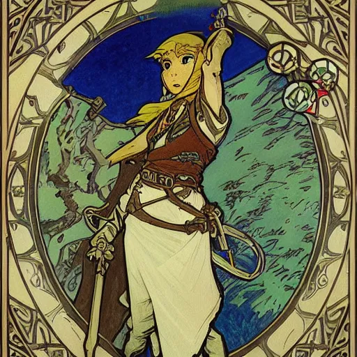 Image similar to a painting of the legend of zelda : breath of the wild by mucha