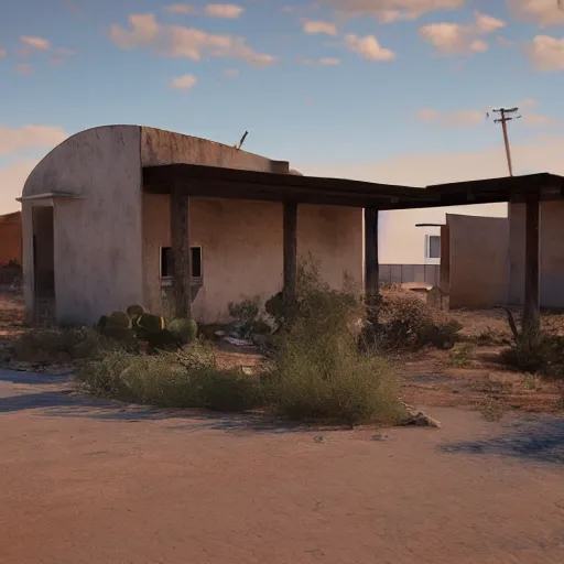 Image similar to run - down abandoned motel in the arizona desert designed by gaudi, realistic, unreal engine 4 k,