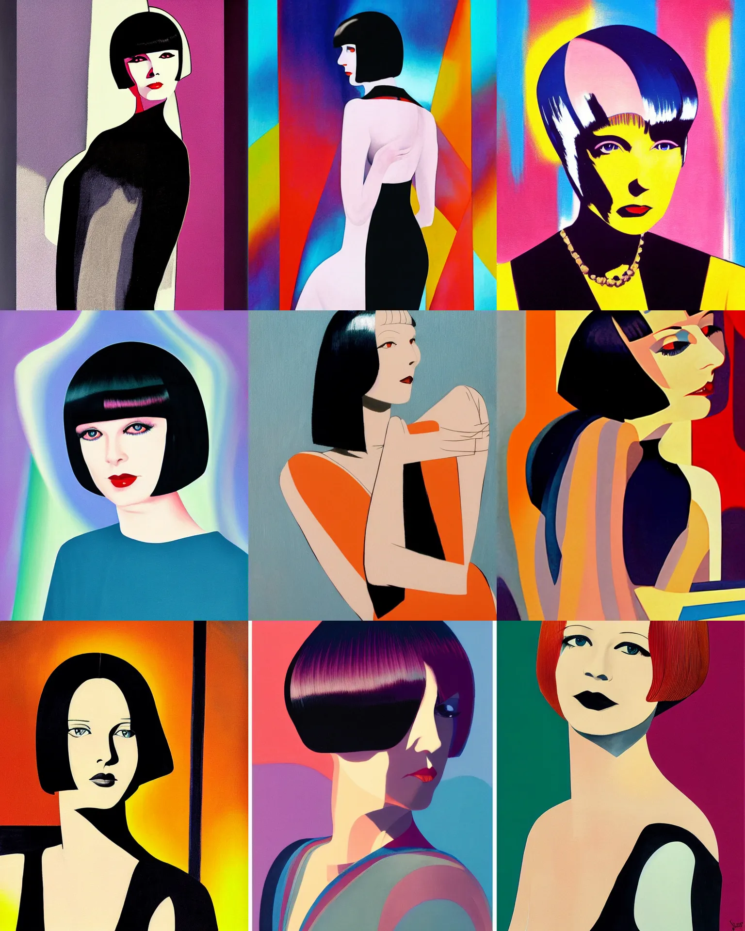 Prompt: full length portrait of mary louise brooks, shiny bob haircut, dramatic light, abstract art deco city background, sunset, high contrast, sharp, painted by stanley lau,, painted by stanley artgerm,, painted by patrick nagel