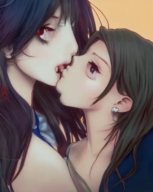 Image similar to portrait of a girl kissing another girl on the neck, anime, trending on Artstation