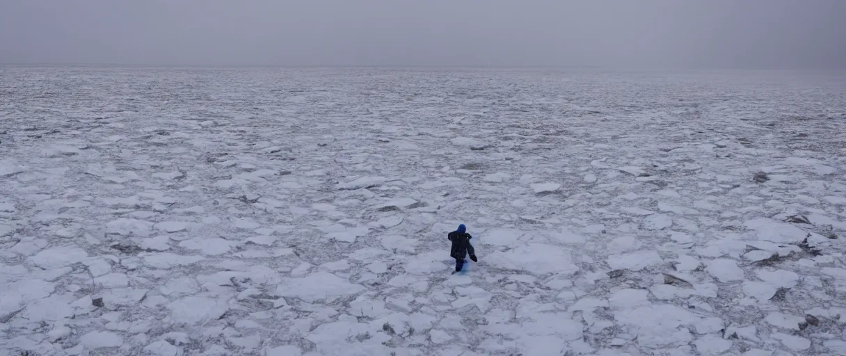 Prompt: a high quality color closeup hd 4 k film 3 5 mm photograph of very heavy snow blizzard in desolate antarctica, the faint barely visible silhouette of a bulky man is inside the blizzard