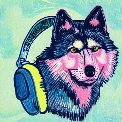 Prompt: retarded wolf portrait, van gogh style, pink headphones