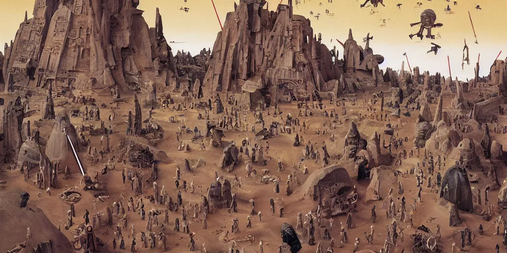 Image similar to a scene from Star Wars, detailed illustration, character design, intricate, by Wes Anderson, hieronymus bosch and Moebius