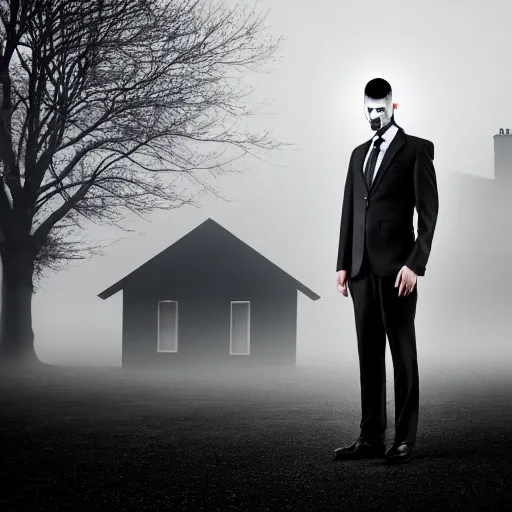 Prompt: man in strict suit, one man, an indifferent face, house on background, bloody knife, blood on body, full body, little fog, evening, extremely detailed, sharp focus, professional photographer, professional model, minimalism, real life