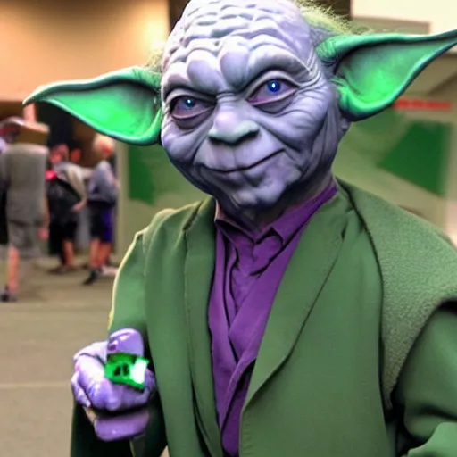 Prompt: master yoda dressed as joker