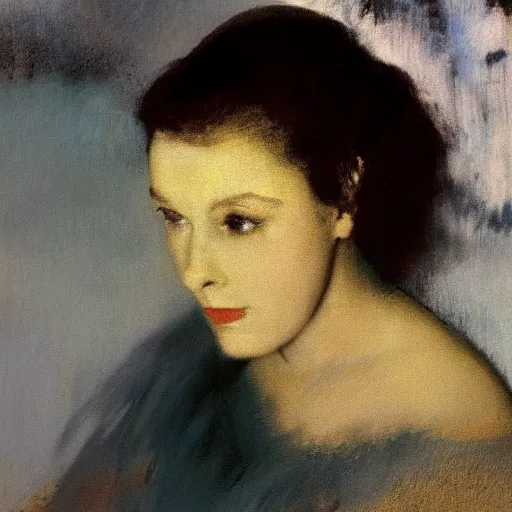 Image similar to a closeup portrait of a young vivian leigh, dramatic light, painted in oil by edgar degas, masterpiece