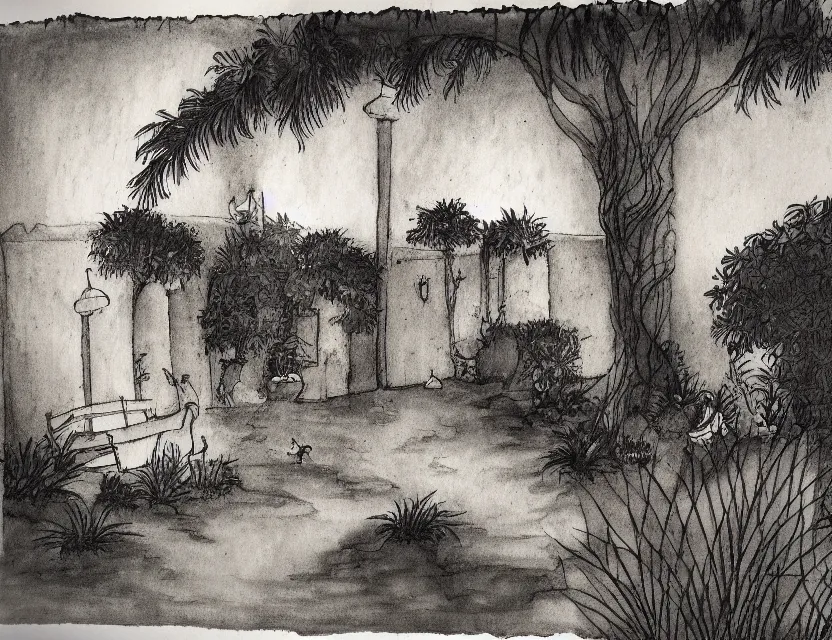 Prompt: dusk at the oasis. ink wash by beloved children's book illustrator, chiaroscuro, bokeh, backlighting, intricate details