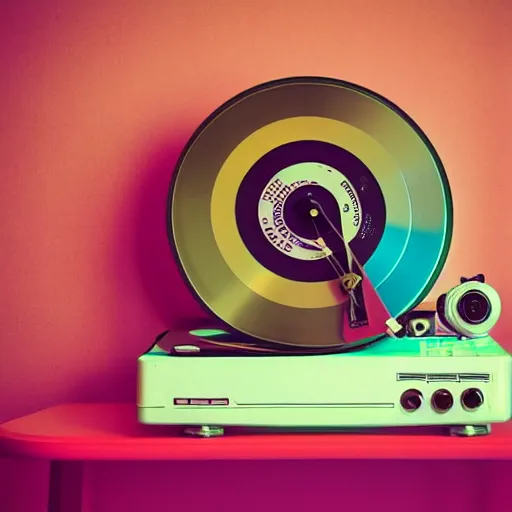 Prompt: Colorful image of retro vinyl record player isolated over colorful background vintage things in modern life