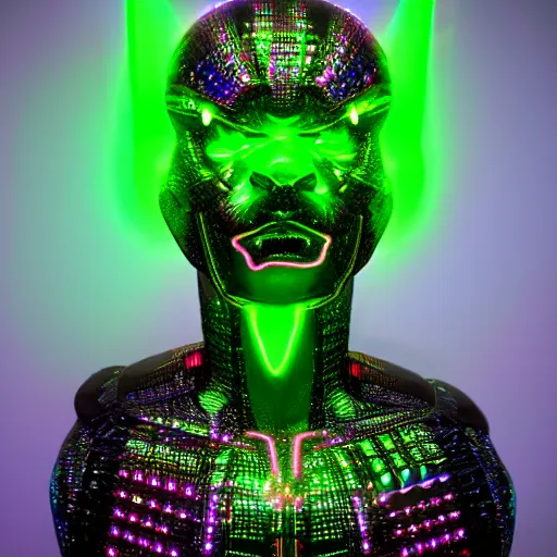 Image similar to neon-noir cybernetic devil-god, iridescent statue, full body, hyper realistic, 8k cinematic lighting, black background, magical glow, sparkly atmophere, ominous, surreal, futuristic, no long neck and double face - W 1024