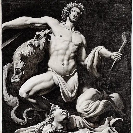 Prompt: The conceptual art depicts the mythical hero Hercules in the moments after he has completed one of his twelve labors, the killing of the Hydra. Hercules is shown standing over the dead Hydra, his body covered in blood and his right hand still clutching the sword that slew the beast. His face is expressionless, betraying neither the exhaustion nor the triumph that must surely accompany such a feat. Moulin Rouge!, x-ray photography by Jakub Rozalski relaxed, weary