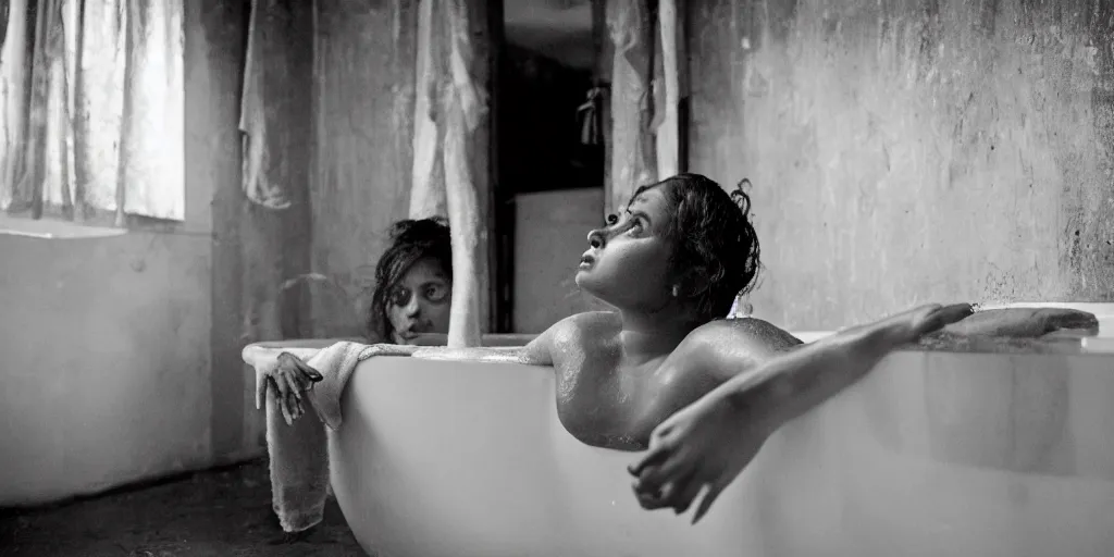 Image similar to sri lankan young woman in a bath tub, film still, thriller movie style