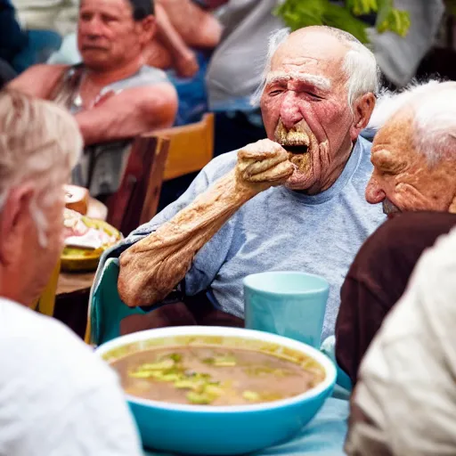 Prompt: a large crowd watching an elderly man eat soup, bold natural colors, national geographic photography, masterpiece, 8 k, raw, unedited, symmetrical balance