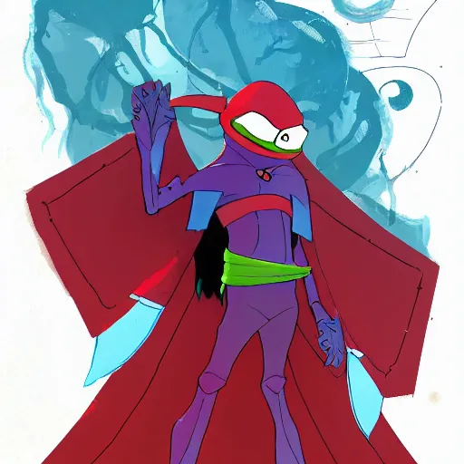 Image similar to concept art character with a vampire squid head and cape that is tall and thin character sheets that focuses on an ocean setting with help from lead artist Andy Suriano for a new episode of rise of the teenage mutant ninja turtles on nickelodeon that is trending on art station comic book dots with chromatic aberration