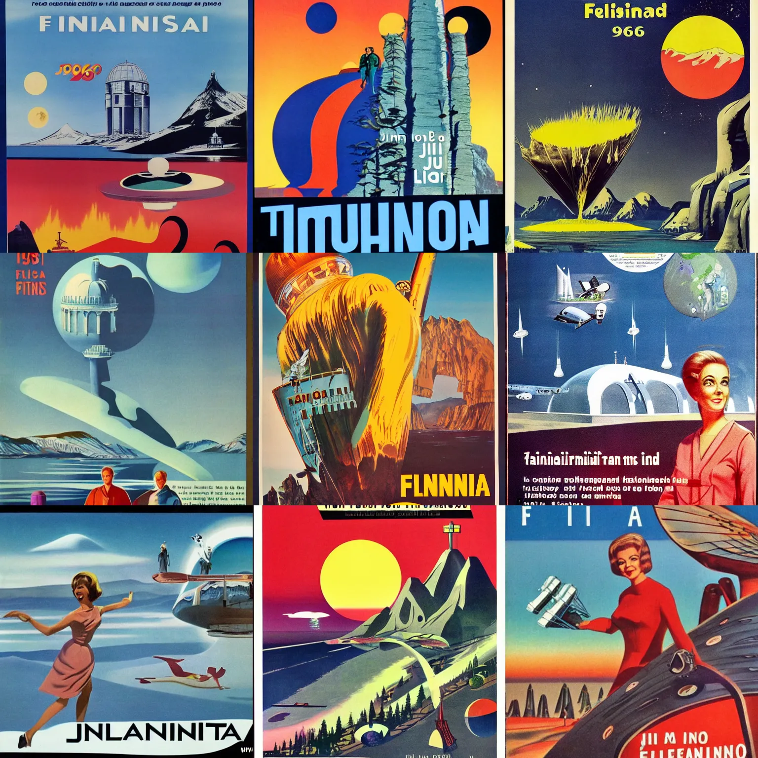 Prompt: tourism ad for Finland, 1960s science fiction, in style of Jim Burns