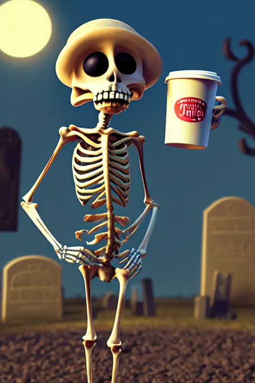 Image similar to a small skeleton character with big round eyes holding a cup of coffee on a cemetery at night. pixar disney 4 k 3 d render movie oscar winning trending on artstation and behance. ratatouille style.