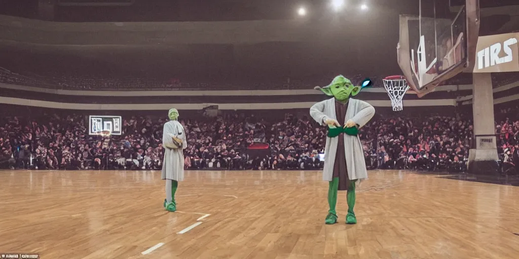 Prompt: Master Yoda gazing his air jordan 1 sneakers in awe in an empty basketball court in New York in the middle of the christmas night