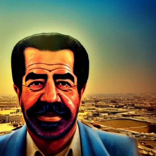 Image similar to portrait of Saddam Hussein, Baghdad skyline background, washed out colors, ambient lighting, dynamic lighting, lens flare, 4K, HQ, official media, detailed, trending on artstation