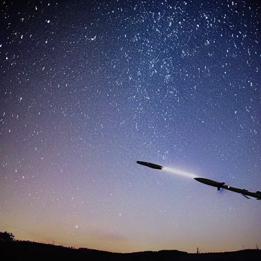 Image similar to Missiles flying through the sky, beautiful, night sky