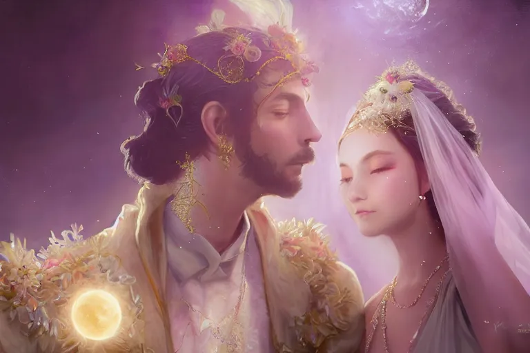 Image similar to a dreamlike cinematic portrait of wedding photograph close up moment of a divine a russia sun god and moon goddess lovers magician at a wedding banquet. portraiture. digital painting. artstation. concept art. fantasy wedding photo. digital painting, 8 k realistic, hyper detailed, violet evergarden art masterpiece by art by krenz cushart