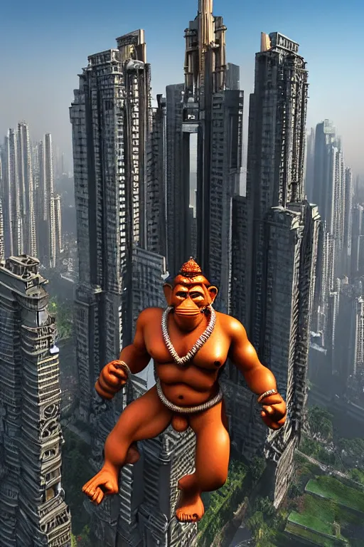 Image similar to high quality 3 d sci - fi biomorphic hanuman! buildings in mumbai!! centre, highly detailed, cinematic smooth, berenice abbott & john j. park, dramatic morning light, wide shot, high angle, uhd 8 k, sharp focus