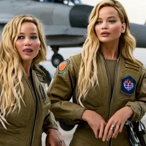 Image similar to promo photo of Jennifer Lawrence and Margot Robbie in new 2029 Top Gun reboot