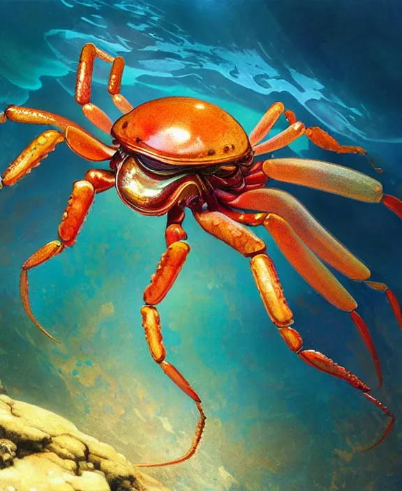 Image similar to intricate colorful transparent portrait of a disturbing beautiful alien crab creature, mottled coloring, adorable, childlike, underwater environment, ultra realistic, concept art, art nouveau, photorealistic, octane render, 8 k, unreal engine. art by christopher marley and artgerm and greg rutkowski and alphonse mucha