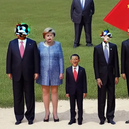 Prompt: A Family picture ofXi Jinping and Obama’s Family including their child, while Angela Merkel stands depressed in the corner, casual, beach, family, photograph, realistic