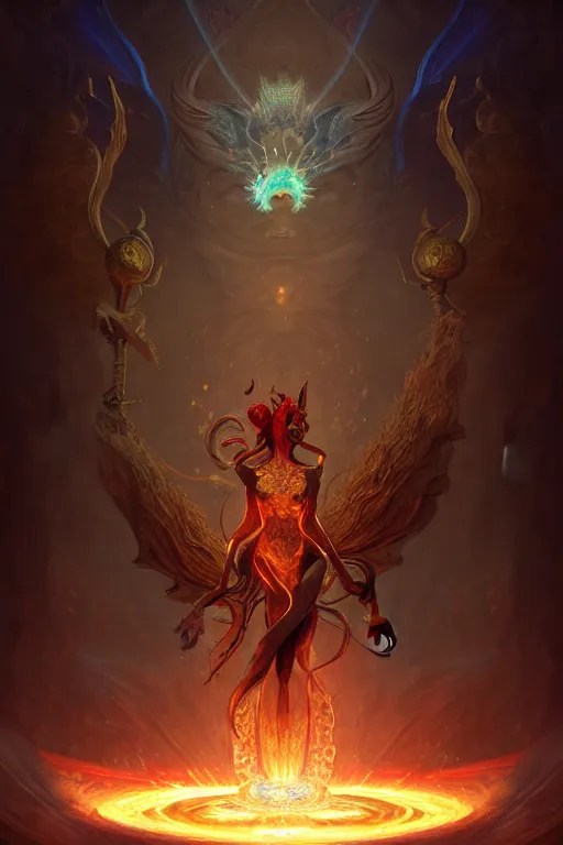 Image similar to a full body portrait of mixed final fantasy ifrit and mythical sphinx, levitating in artifact portal, fantasy, sharp focus, intricate, elegant, digital painting, artstation, matte, highly detailed, concept art, illustration, ambient lighting, art by peter mohrbacher, johannes voss, jingna zhang