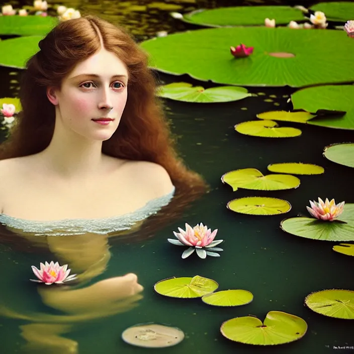 Image similar to Kodak Portra 400, 8K, soft light, volumetric lighting, highly detailed, britt marling style 3/4 ,portrait photo of a beautiful woman how pre-Raphaelites painter, with her face emerging from the water of a pond with water lilies, a beautiful lace dress and hair are intricate with highly detailed realistic beautiful flowers , Realistic, Refined, Highly Detailed, natural outdoor soft pastel lighting colors scheme, outdoor fine art photography, Hyper realistic, photo realistic