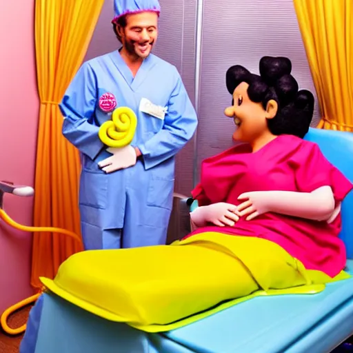 Image similar to photo of a happy patient and doctor or nurse in a hospital room made out of soft candy, candy hospital equipment, candy hospital room, candy treatments, oompa loompa virus, willy wonka pandemic