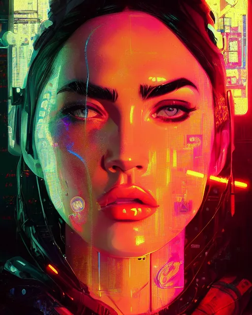 Image similar to detailed megan fox portrait neon operator girl, cyberpunk futuristic neon, reflective puffy coat, decorated with traditional japanese ornaments by ismail inceoglu dragan bibin hans thoma greg rutkowski alexandros pyromallis nekro rene maritte illustrated, perfect face, fine details, realistic shaded, fine - face, pretty face