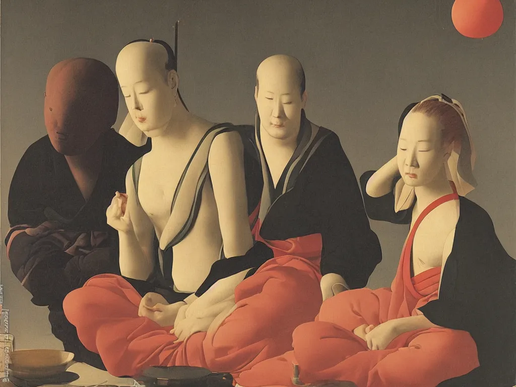 Prompt: portrait of man and woman in zen meditation, with giant lollipop. painting by georges de la tour