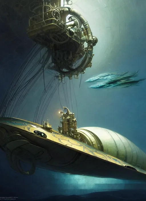 Image similar to epic concept illustration, highly detailed, intricate mechanical design, hard science concept art, underwater nautilus submarine being prepared for launch, by greg rutkowski and alphonse mucha. uhd, cinematic lighting, amazing depth, cinematography by 2 0 1 7