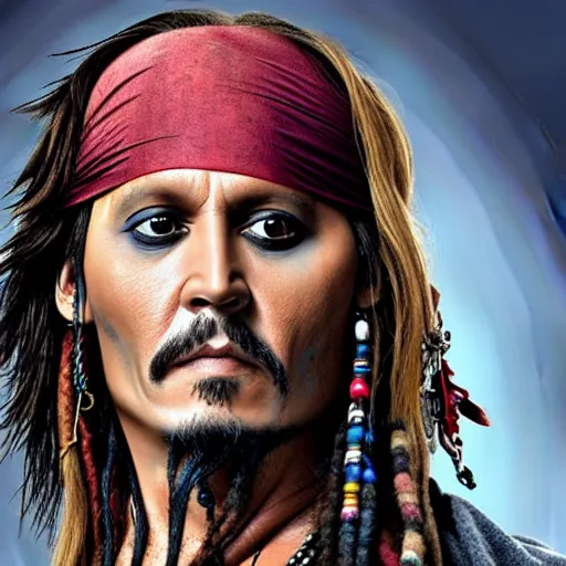 Image similar to johnny depp as jack sparrow with a parrot on the shoulder, realistic portrait, 8k resolution, hyper detailed, studio lighting, cinematic