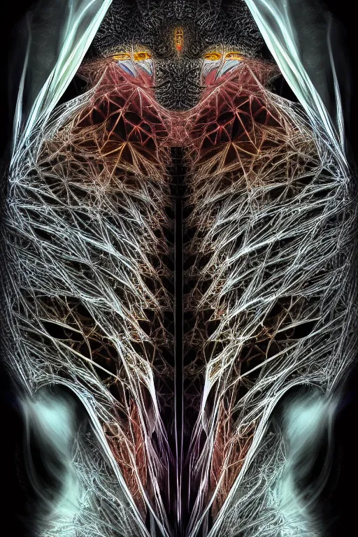 Image similar to professional concept art symmetrical portrait of a horrendous mechanical predatory fractal! species in a dark room by ar