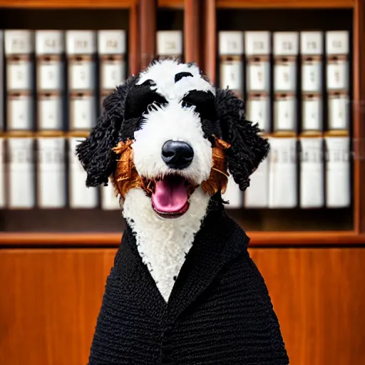 Prompt: a closeup photorealistic photograph of a cute smiling knitted bernedoodle judge dog dressed in a black gown and presiding over the courthouse. indoors, professional capture, well lit shot. this 4 k hd image is trending on artstation, featured on behance, well - rendered, extra crisp, features intricate detail, epic composition and the style of unreal engine.
