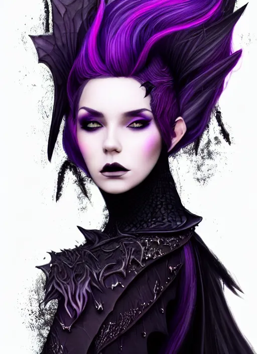 Image similar to side portrait dark queen, witch outfit large cloak, fantasy forest landscape, dragon scales, fantasy magic, undercut hairstyle, short purple black fade hair!!!!!!, dark light night, intricate, elegant, sharp focus, illustration, highly detailed!!!!!!!, digital painting, concept art, green neon smoke, matte painting, art by WLOP and Artgerm and Greg Rutkowski and Alphonse Mucha, masterpiece