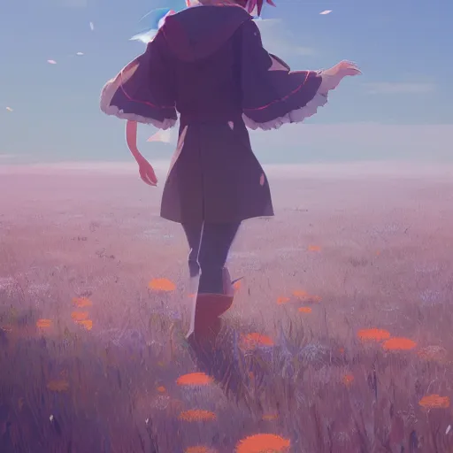 Image similar to field of dandelions. cgsociety masterpiece, artstation trending, by rossdraws, ghibli, kimi no na wa, greg rutkowski, simon stalberg, greg manchess