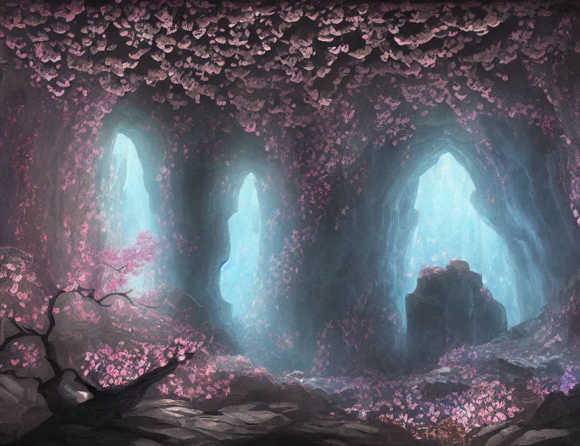 Prompt: disco in a cherry blossom limestone cavern. heavily stylized, oil painting by indie concept artist. backlighting, chiaroscuro, intricate details, field of depth.